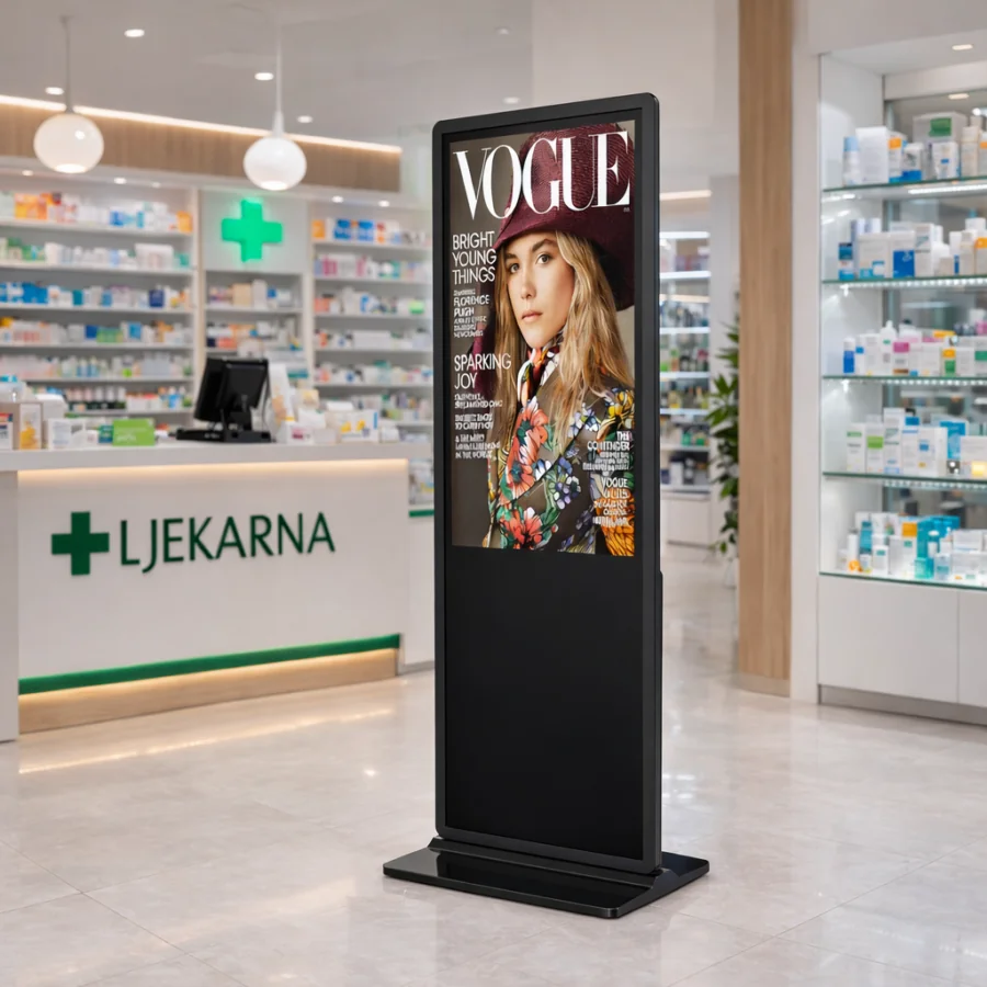 Samostojeći LCD reklamni zaslon u ljekarni za digitalno oglašavanje i informiranje kupaca